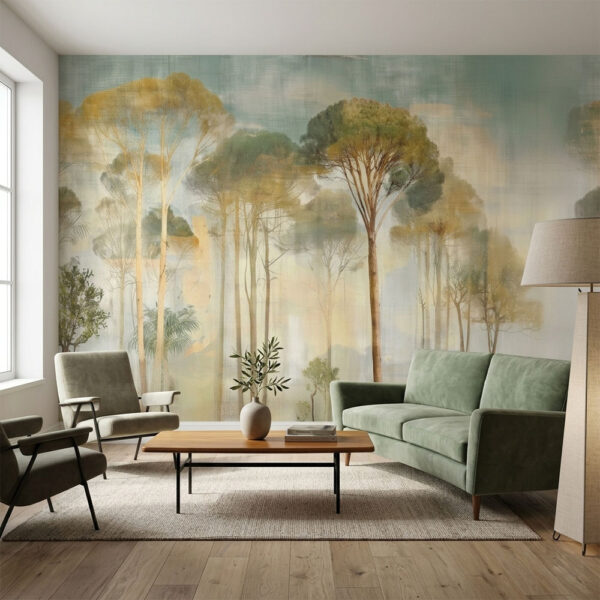 Signal Hill Trees mural styled in a living room with sofa and chairs, featuring misty trees in muted green and golden hues.