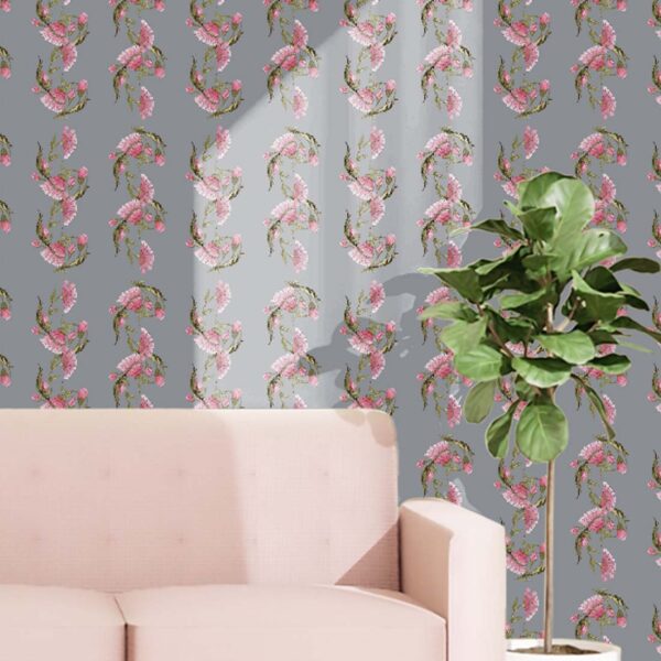 Dragonfly wallpaper styled behind a brown leather sofa with geometric pattern and delicate dragonflies on a soft neutral background