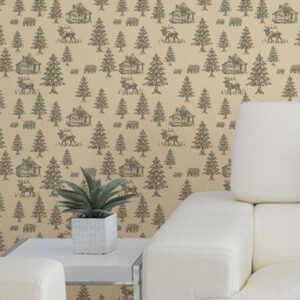 Heart in the Pines wallpaper behind a modern sofa with neutral cushions highlighting woodland animals and rustic cabin design