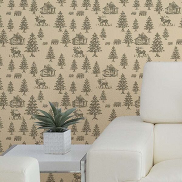 Heart in the Pines wallpaper behind a modern sofa with neutral cushions highlighting woodland animals and rustic cabin design