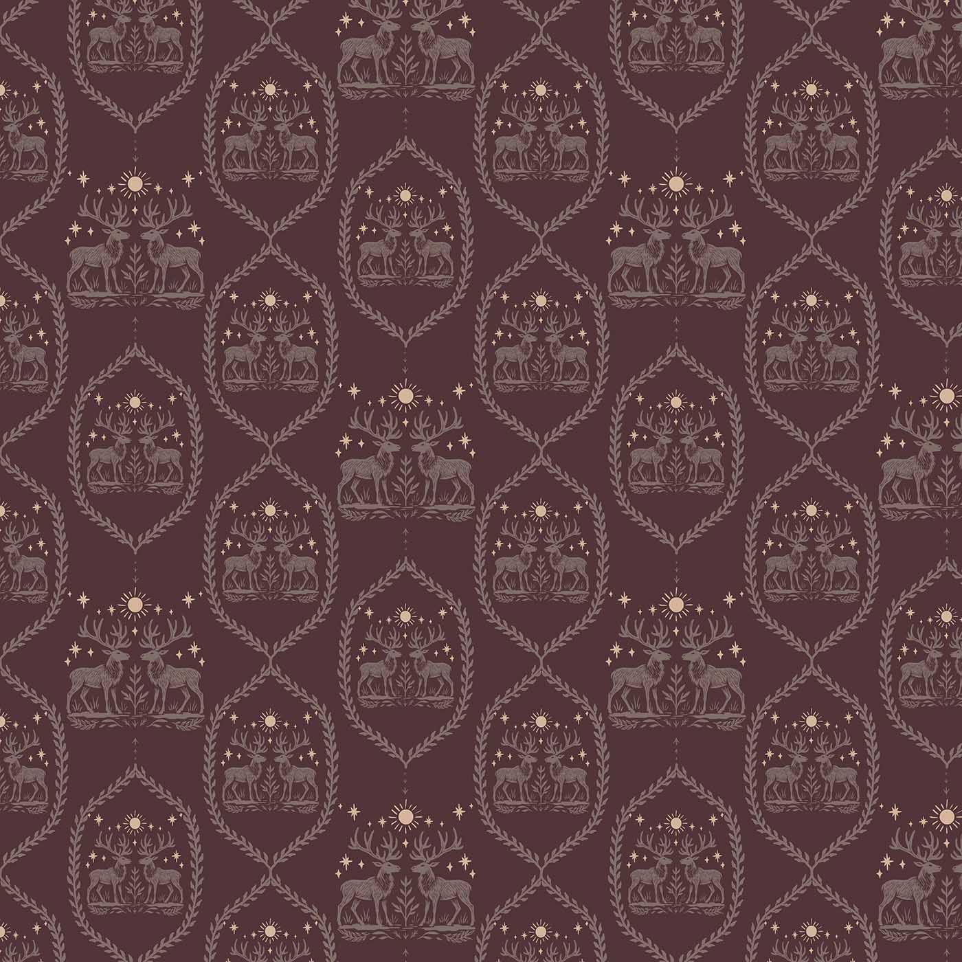Winterfell Wallpaper in Plum | Peel & Stick Wallpaper Online | Proudly Made in Canada Winterfell Wallpaper in Plum full pattern view with repeating deer motifs, stars, and decorative frames on a deep wine background