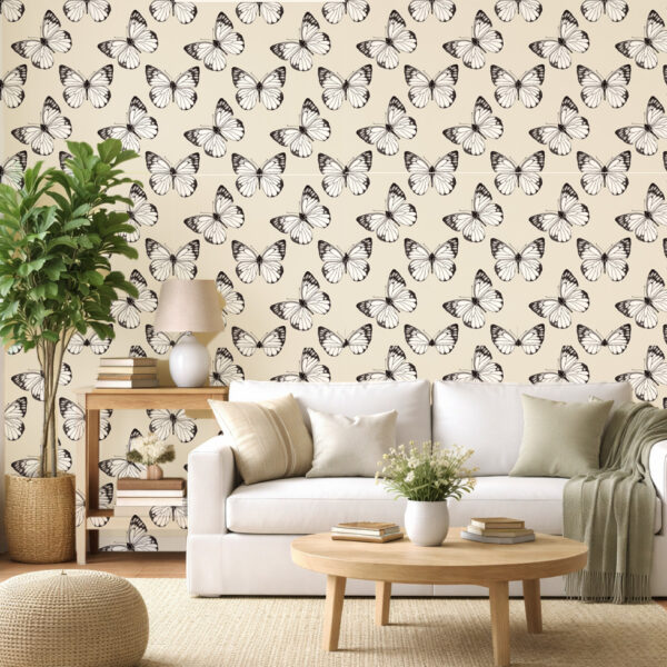 Butterfly Breeze cream wallpaper installed in a cozy living room with beige sofa, wood table, and soft decor.