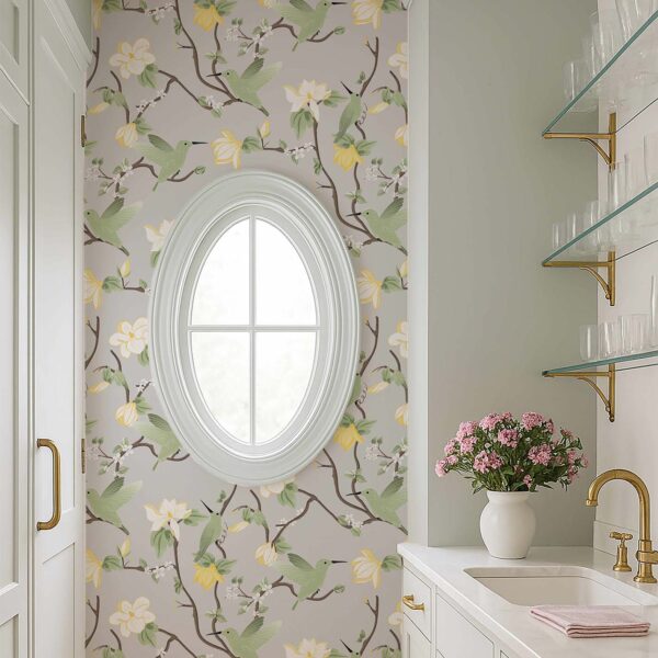 Close-up of Guilded Fusion Chinoiserie Wallpaper in Garden Sage, a traditional botanical design printed in Canada