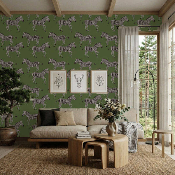 Kala Green Zebra wallpaper in a modern living room with beige sofa and zebra feature wall