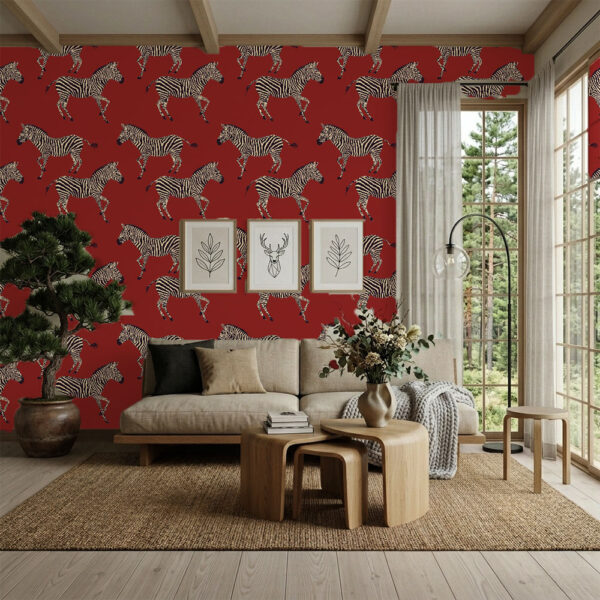Kala Red wallpaper styled in a modern living room with bold zebra pattern feature wall