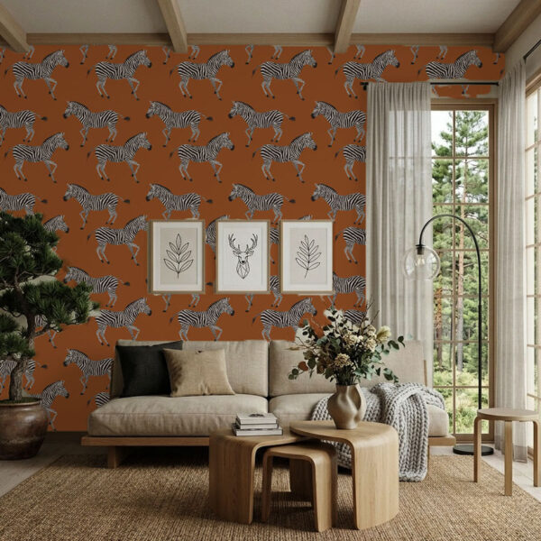 Kala Sienna Zebra wallpaper in a modern living room with beige sofa and zebra feature wall