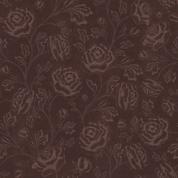 Magdalene Roses Toile Vintage Wallpaper in Burgundy Brown