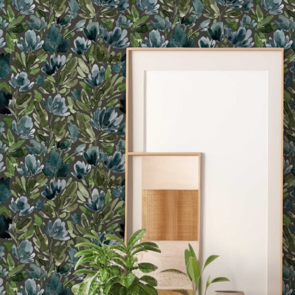 Midnight Tulip Vines wallpaper close-up showing watercolor tulip shapes and layered green foliage.