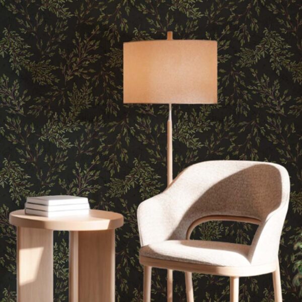 Rustic Watercolour Leaf Branches wallpaper close-up showing fine watercolor leaf details and textured black backdrop.