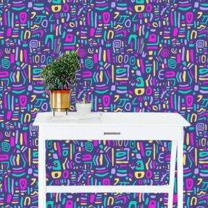 Those Were The Days wallpaper styled with a white desk and plant featuring colorful abstract doodles on a deep purple background