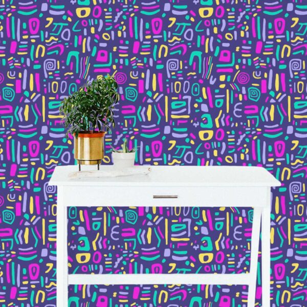 Those Were The Days wallpaper styled with a white desk and plant featuring colorful abstract doodles on a deep purple background
