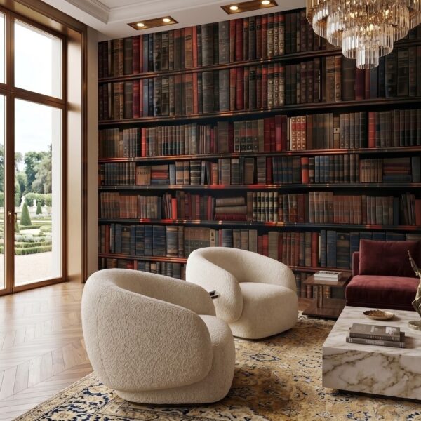 Scholarly Sanctuary Mural featuring a wall of vintage bookshelves with rich tones and classic library styling.