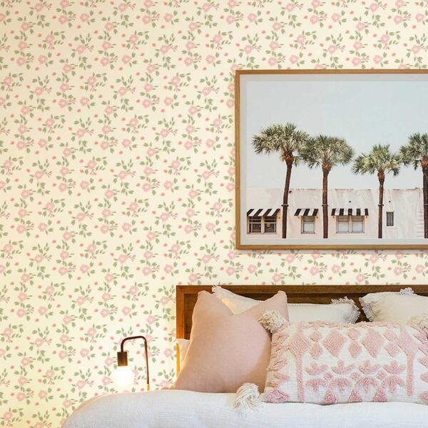 Close-up of Hazel Wallpaper in Rosewater, a traditional floral design printed in Canada