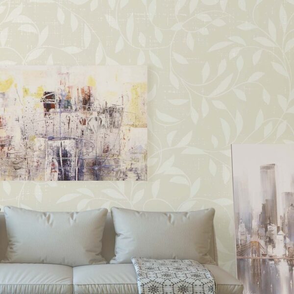 Oxford Court Ivy wallpaper in Clay Leaf close-up showing delicate ivory vine leaves on a warm beige textured background