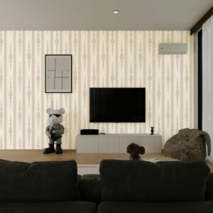 The Garden Room Pearl Stripe wallpaper in a modern living room with neutral furniture and vertical geometric stripe pattern in soft beige tones.