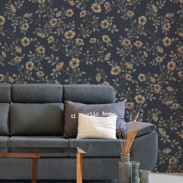 Vintage Rose Vines wallpaper close-up showing detailed cream roses and green foliage on navy backdrop.