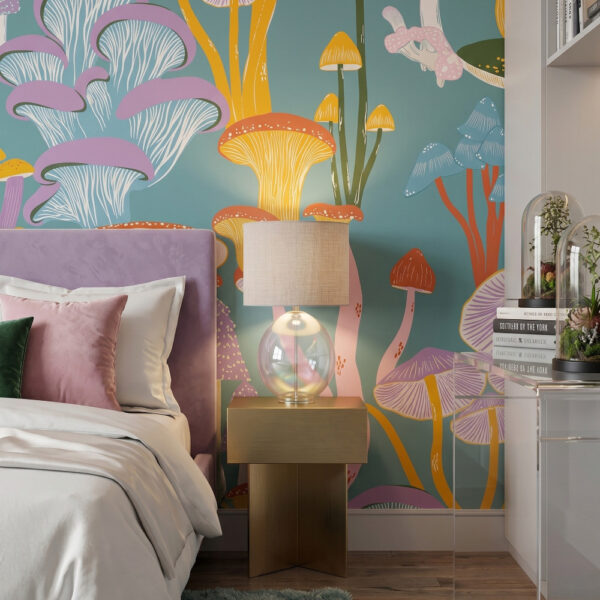 A zoomed-in of Celestial Mycelia mural highlighting exotic pastel fungi with flowing botanical textures and dreamy woodland detailing