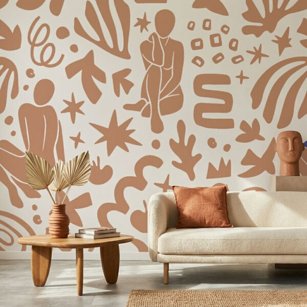 Abstract Muse Terracotta wallpaper styled in a modern living room with bold silhouette figures and earthy abstract shapes