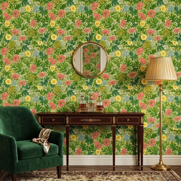 Jardin des Étoiles wallpaper featuring exotic coral blooms and lush emerald foliage on a warm ivory background