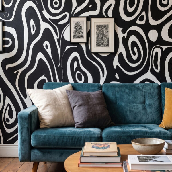A zoomed-in of Midnight Echoes mural highlighting bold monochrome abstract curves and hypnotic linework