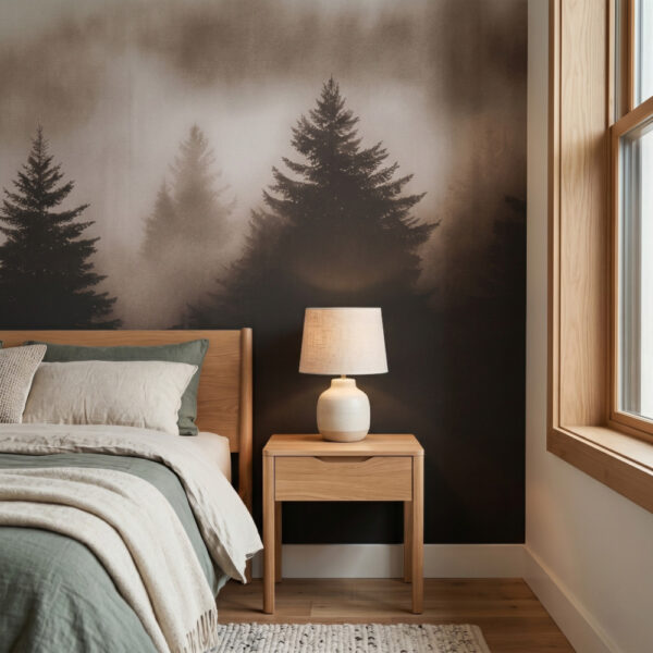 A zoomed-in of Midnight Timber Mist Mural in a bedroom