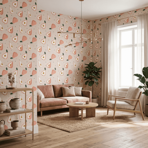 A zoomed-in of pear wallpaper pattern showing peach pears, white interiors, and green leaves on a neutral background