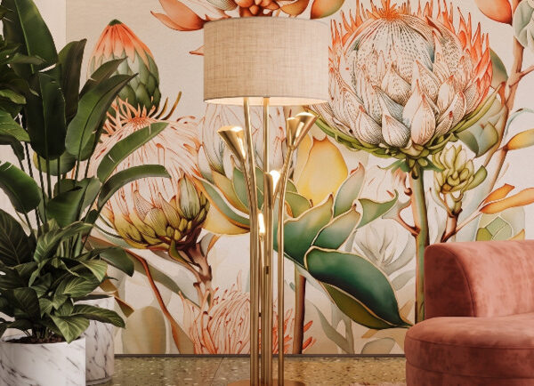 A zoomed-in of Protea Mirage mural highlighting delicate protea florals with airy botanical