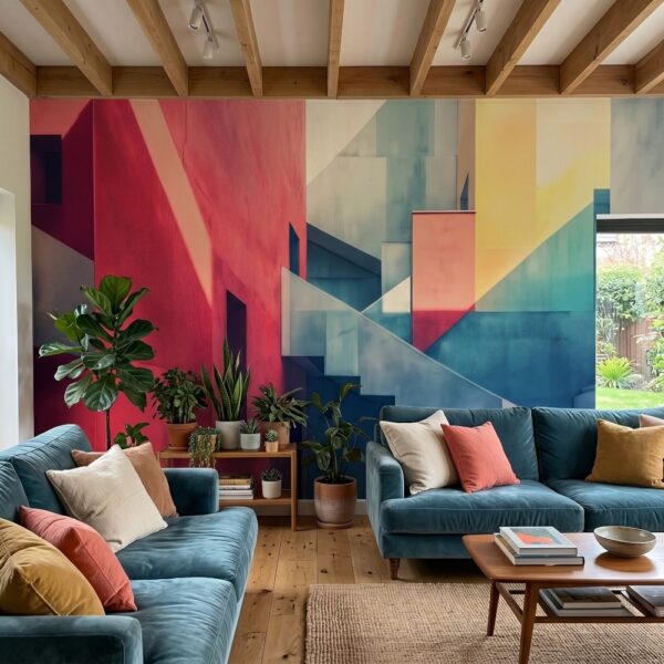 A zoomed-in of Solstice Staircase mural highlighting abstract architectural forms and layered pastel geometry