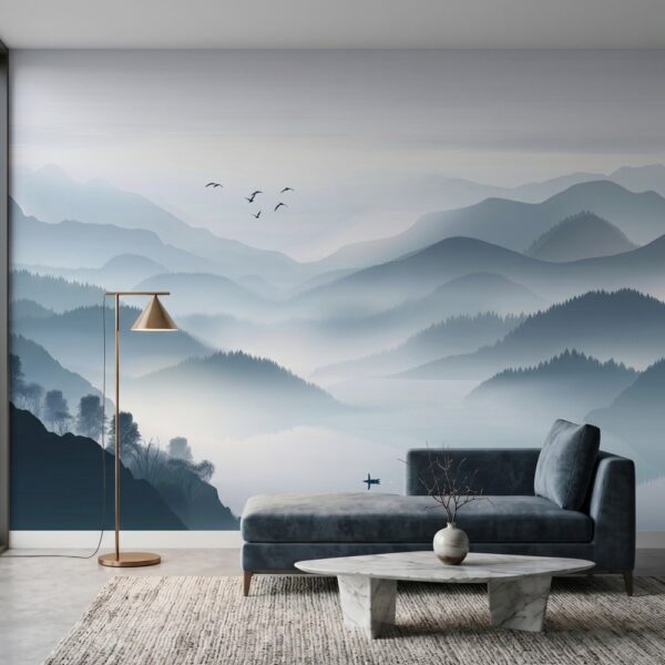 Whispering Blue Horizons mural styled in a modern living room with soft blue mountain landscape wallpaper