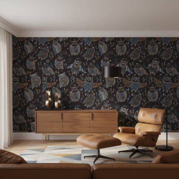 Linear Hoot Wallpaper wallpaper in a Mid-Century Modern room