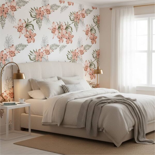 Mático Salmon Wallpaper wallpaper in a master bedroom · coastal room