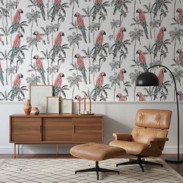 Painted Parrots Wallpaper wallpaper in a Mid-Century Modern room