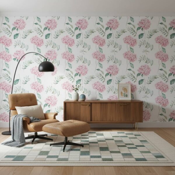 Pink Paisley Wallpaper wallpaper in a Mid-Century Modern room