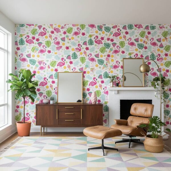 Pretty Parade Wallpaper wallpaper in a Mid-Century Modern room
