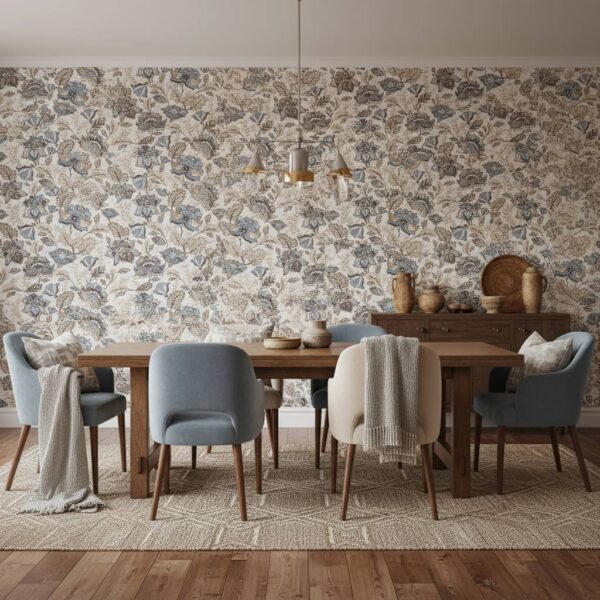 Ren Sita Growth - This elegant damask wallpaper features intricate botanical motifs adorned with delicate blue ribbon