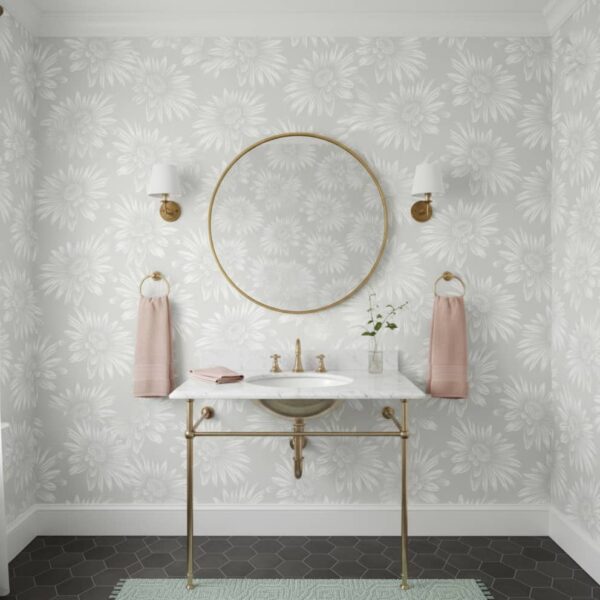 Sunflower Bay - Sunflower Bay Wallpaper features elegantly detailed white sunflowers scattered across a soft grey