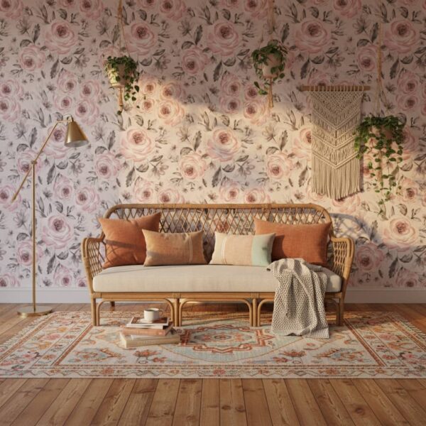 Vintage Rose Wallpaper wallpaper in a Bohemian room