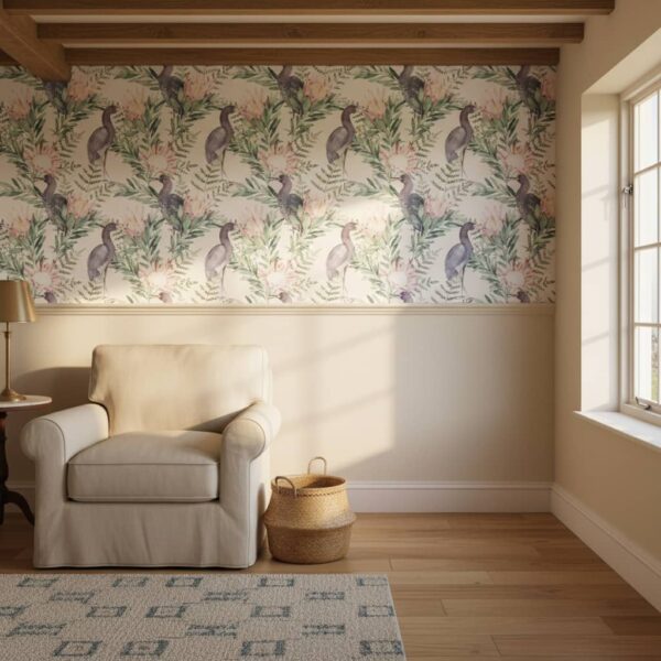 Watercolour Protea Pecker Wallpaper wallpaper in a Cottage Country room