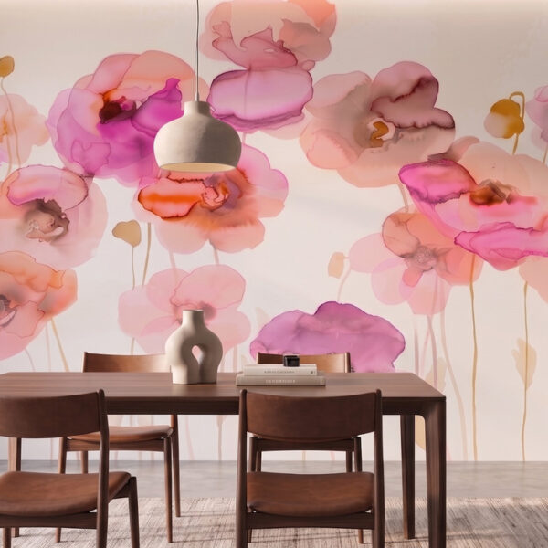 A zoomed-in of layered pink and coral watercolour flowers with delicate translucent petals.