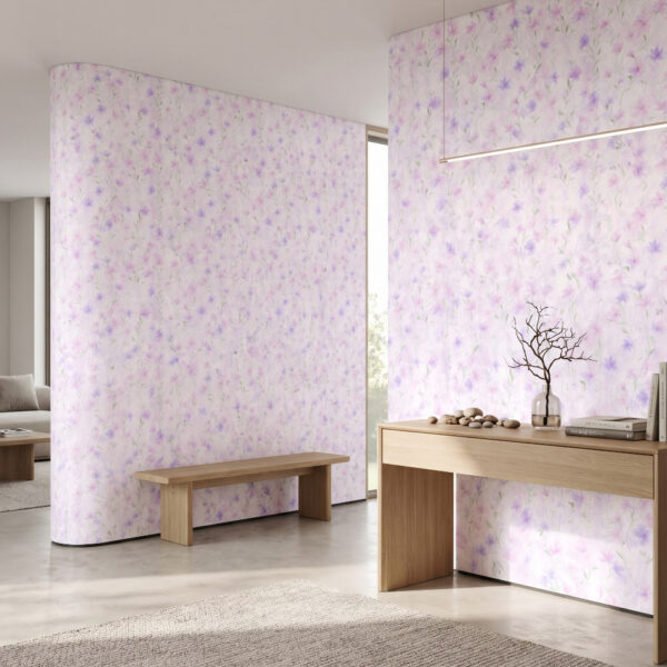 Blush Meadow Wallpaper showcased in a contemporary interior with airy pastel florals and soft botanical detailing