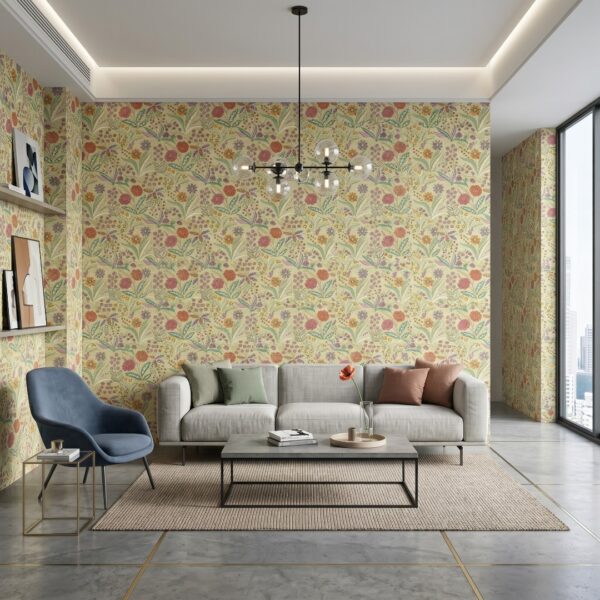 How to Use the Wallpaper Room Visualiser | Peel & Stick Wallpaper Online | Proudly Made in Canada botanical leaves on a soft buttercream wallpaper background.