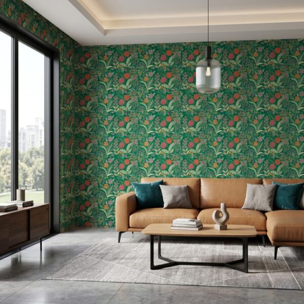 How to Use the Wallpaper Room Visualiser | Peel & Stick Wallpaper Online | Proudly Made in Canada wildflowers and botanical leaves on an emerald green wallpaper backgroun