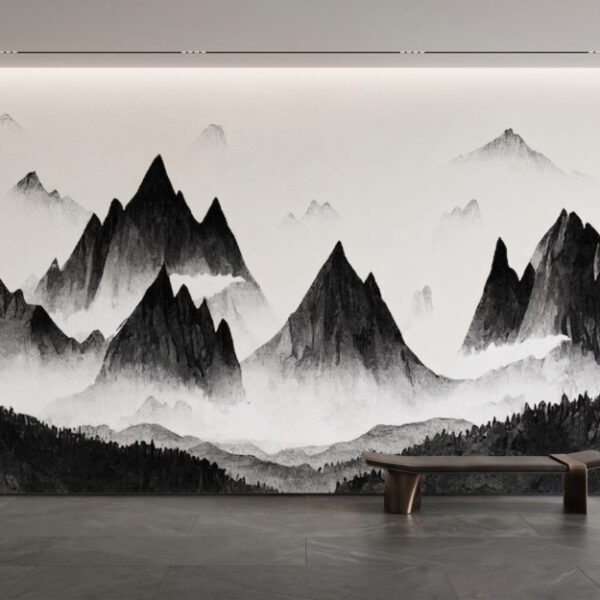 How to Use the Wallpaper Room Visualiser | Peel & Stick Wallpaper Online | Proudly Made in Canada A zoomed-in of dramatic black ink mountains rising through soft mist on a minimalist monochrome wall mural.