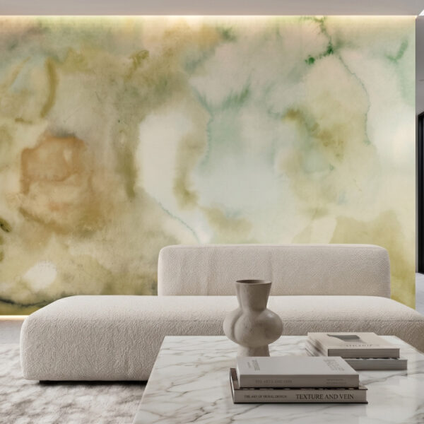 A zoomed-in of Moss Veil Watercolor Mural showcasing earthy green washes and layered abstract movement.