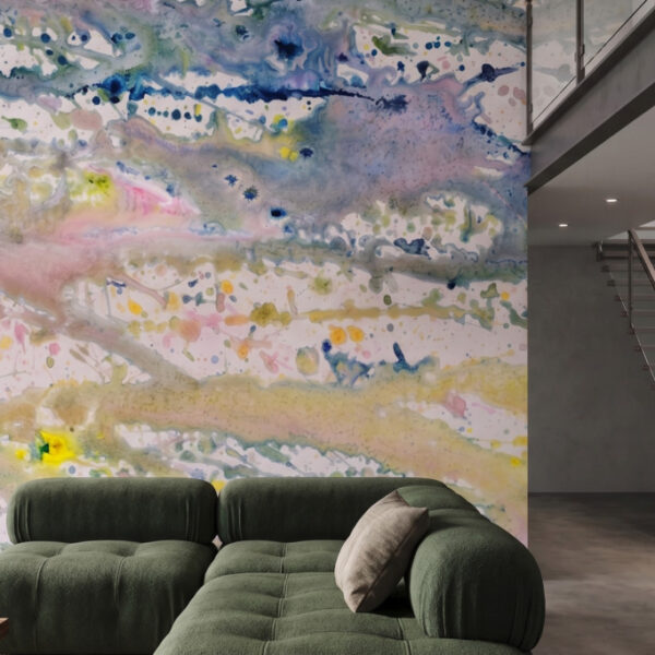 A zoomed-in of Pastel Tides Mural showcasing pastel watercolor textures and abstract ink splatters.