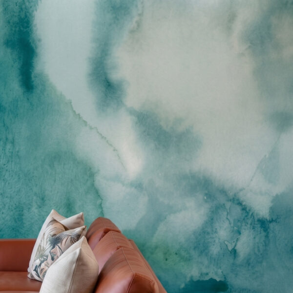 A zoomed-in of Sea Mist Watercolor Mural showcasing layered watercolor washes in tranquil teal and seafoam tones.