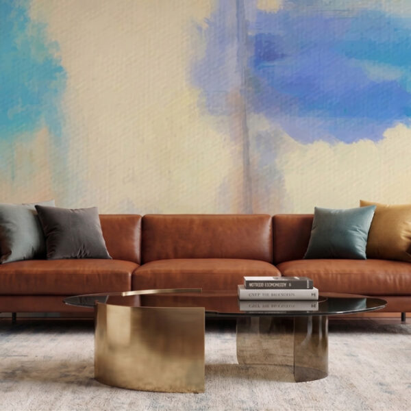 Sunlit Horizon Mural displayed as a feature wall in a contemporary living room with warm blue and terracotta abstract tones.