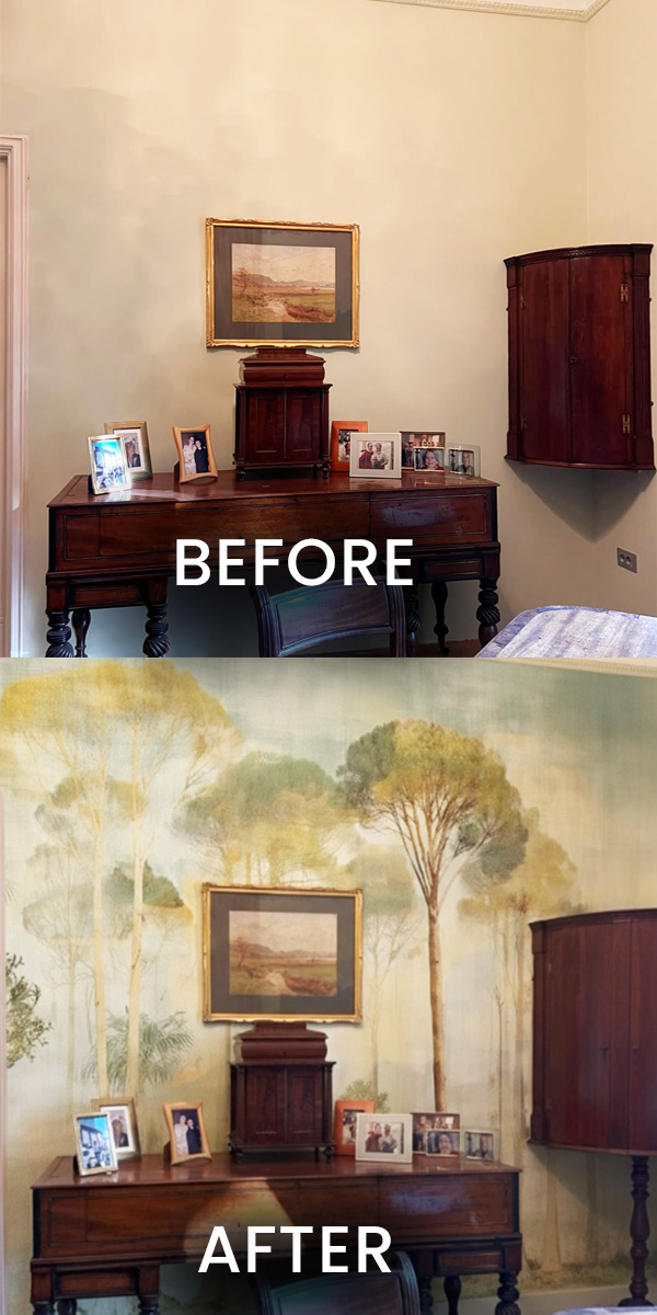 Vertical wallpaper room visualiser before and after