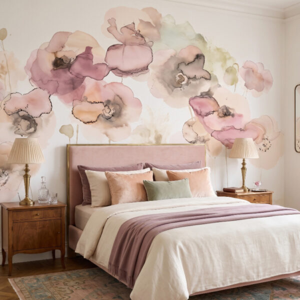 A zoomed-in of layered pink and coral watercolour flowers with delicate translucent petals.