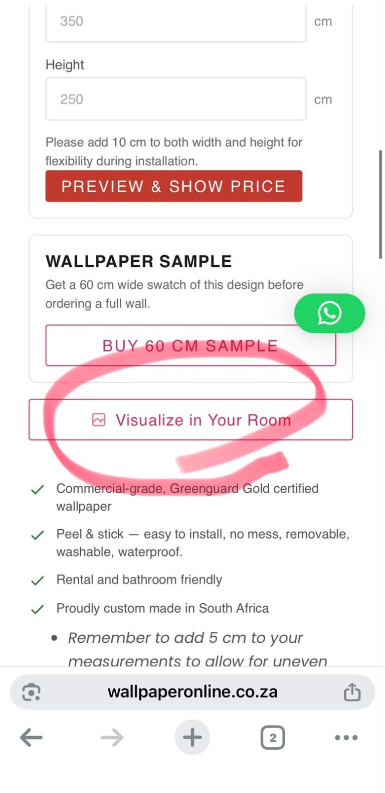 Canadian wallpaper room visualiser step 2: click the visualise in my room button